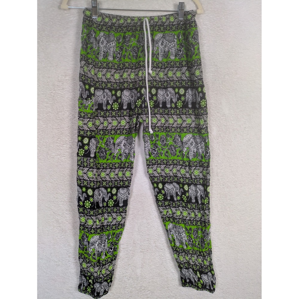 Harem Pants Women's Size S Green Black White Elephant Print Boho Rayon Relaxed